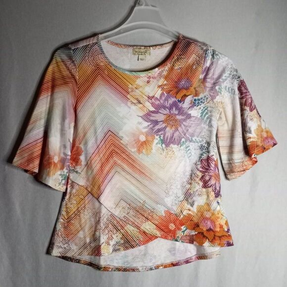 One World Live/Let Live Multi Color Bell Half Sleeve Women's Top Size SM Petite - Picture 3 of 7